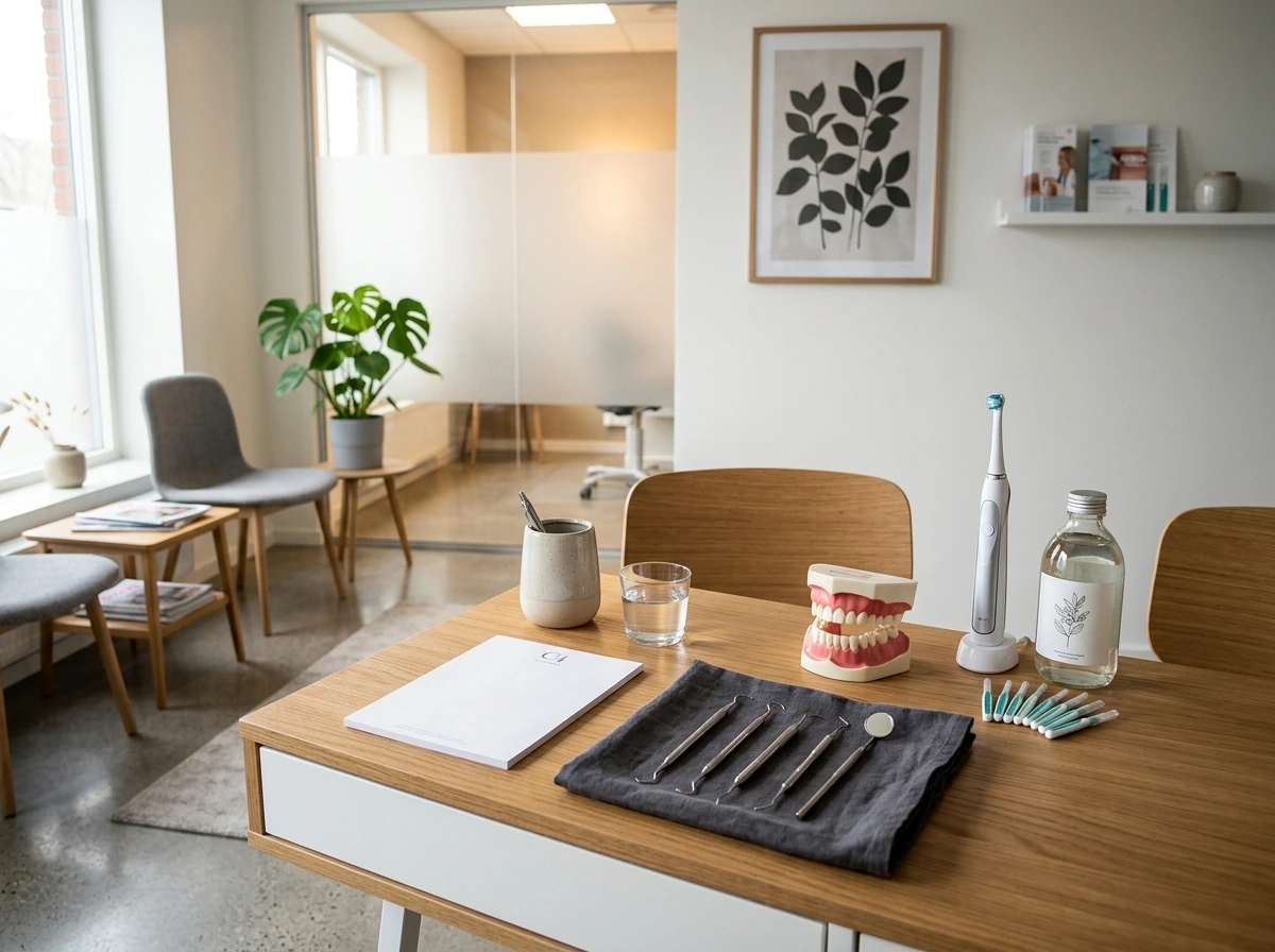 Tandläkarmottagning med tandverktyg, tandmodell och elektrisk tandborste på bord.