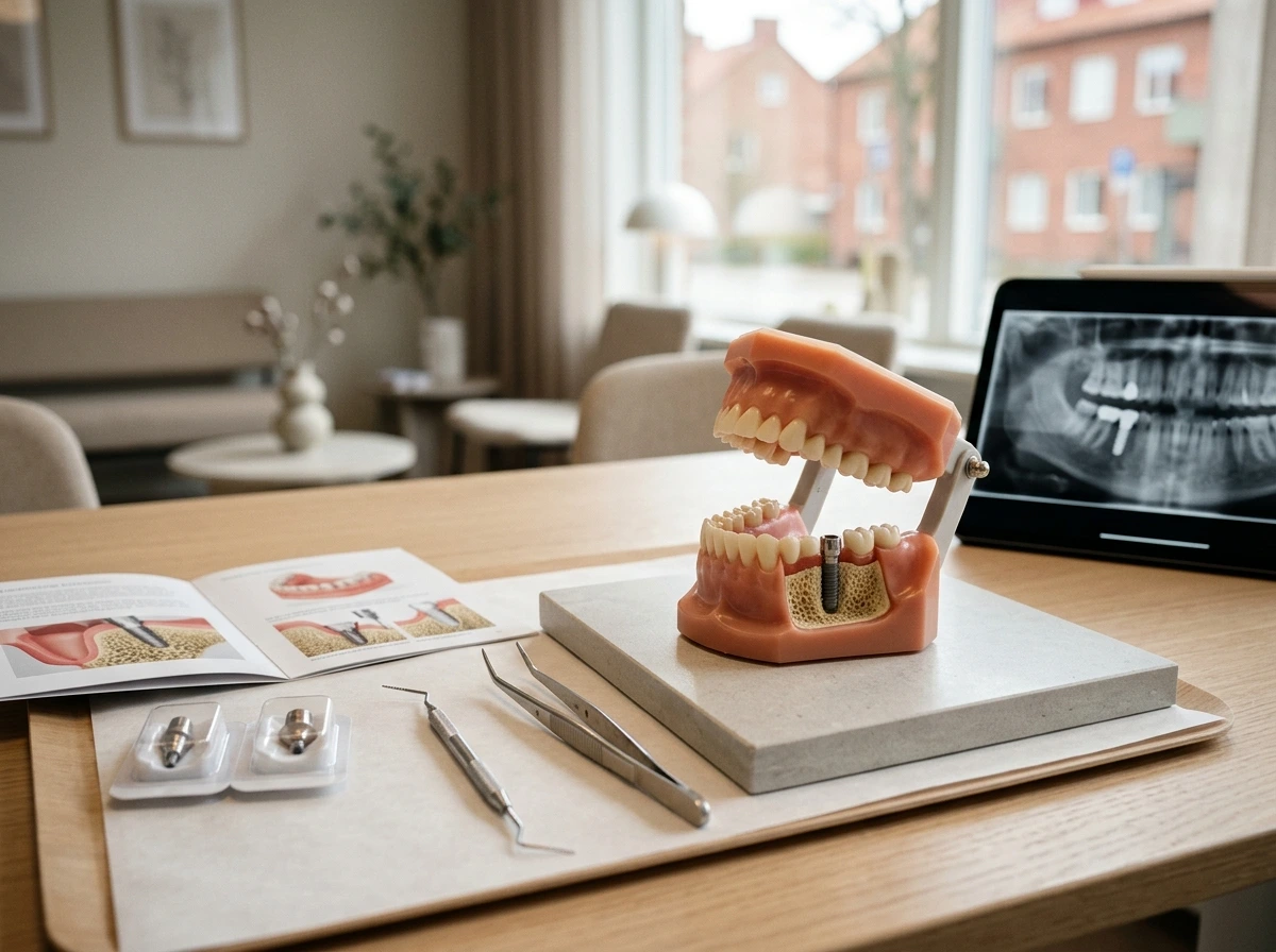 Tandläkarbordet med käkmodell, implantat, verktyg och röntgenbild.