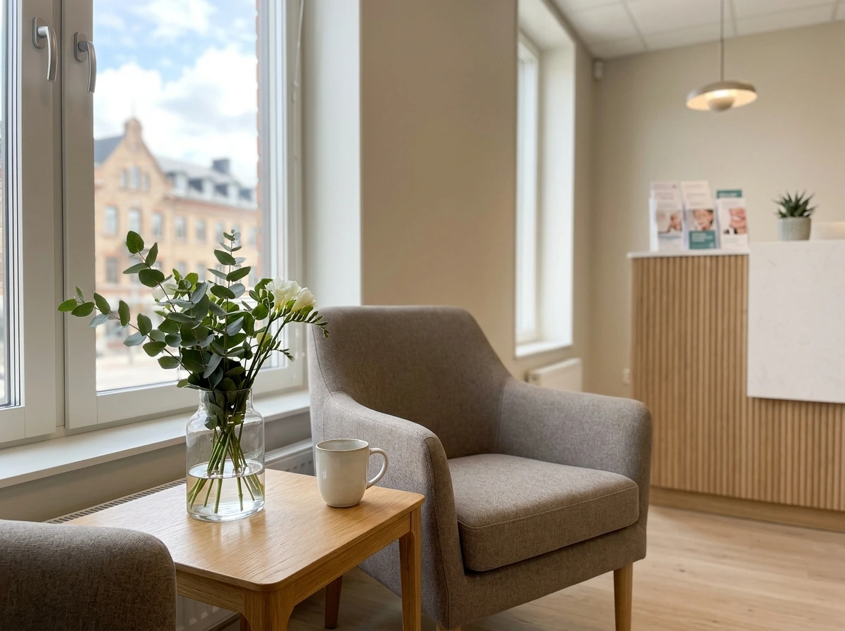 Mysigt väntrum med gråa fåtöljer, blomvas och träbord vid fönster.