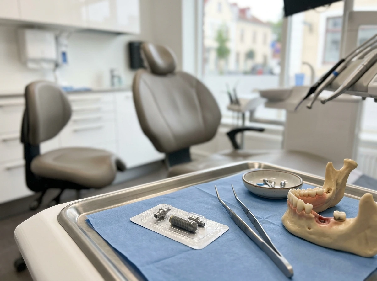 Tandläkarmottagning med implantat, verktyg och käkmodell på bricka.
